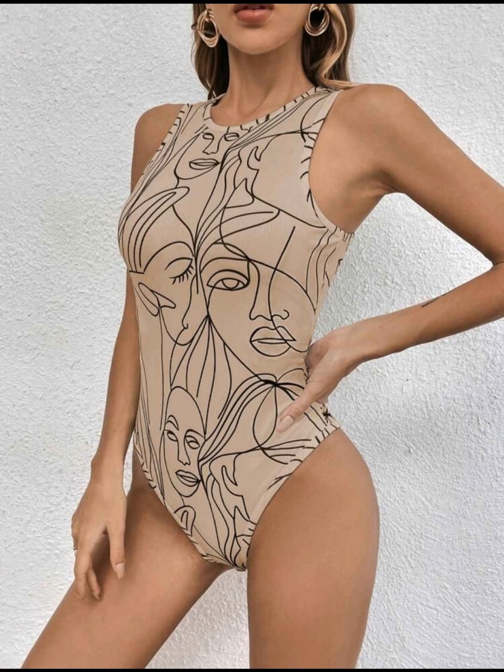 Sleeveless Beige Graphic One-Piece Swimsuit